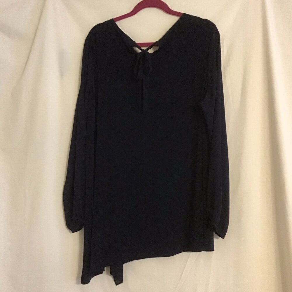 SUSAN GRAVER Navy Knit Long Sleeve Asymmetrical Top w/Flounce & Back Tie 1X